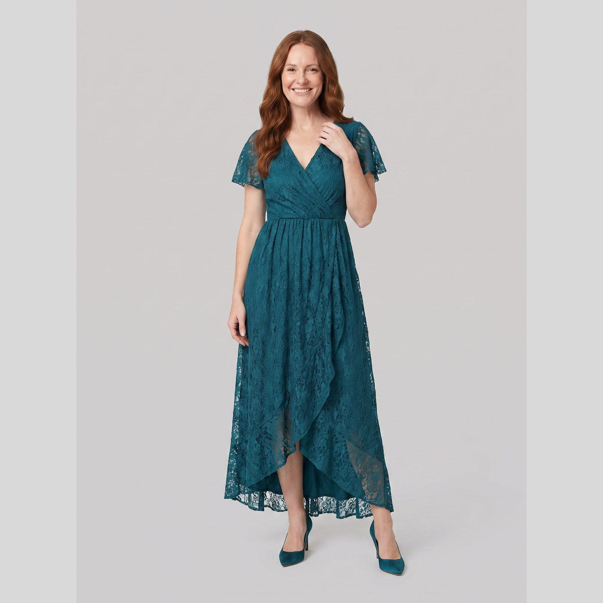Lace gown with a pleated ruffle, V-neck and high-low hem, view 6
