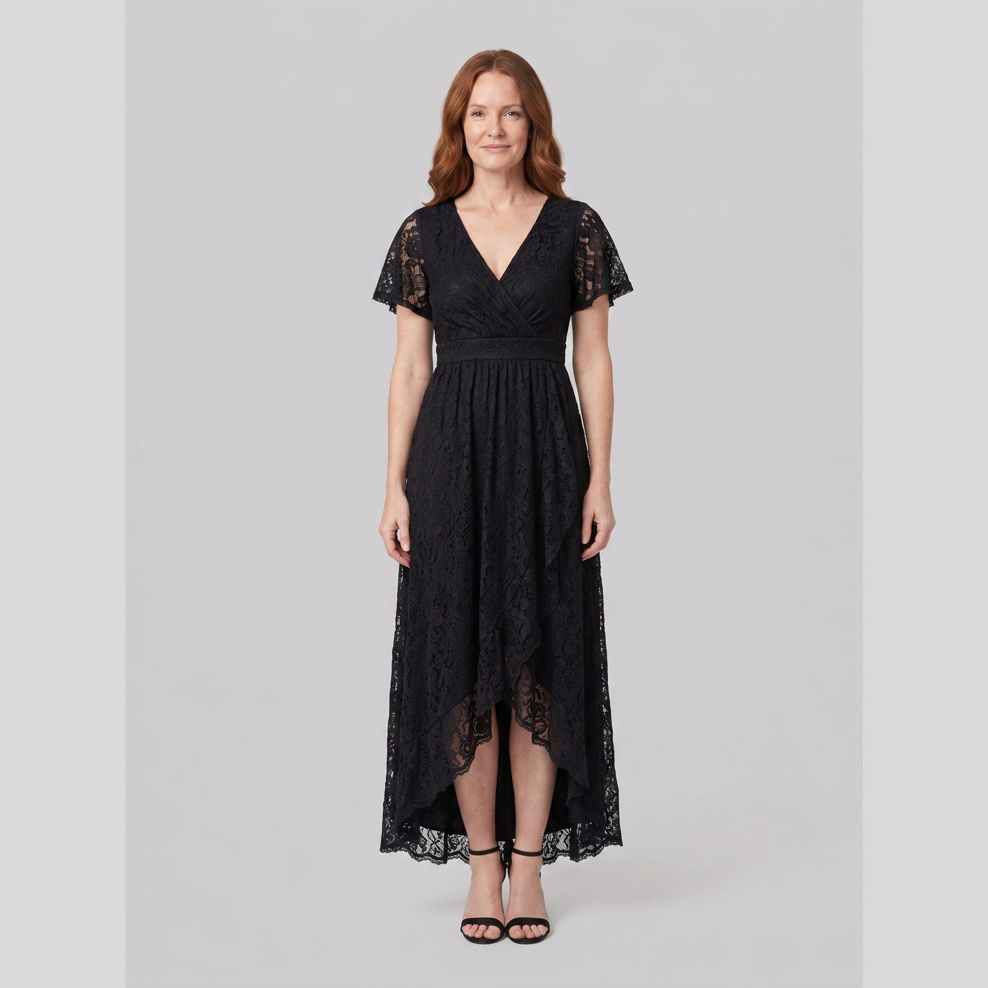 Lace gown with a pleated ruffle, V-neck and high-low hem, view 7