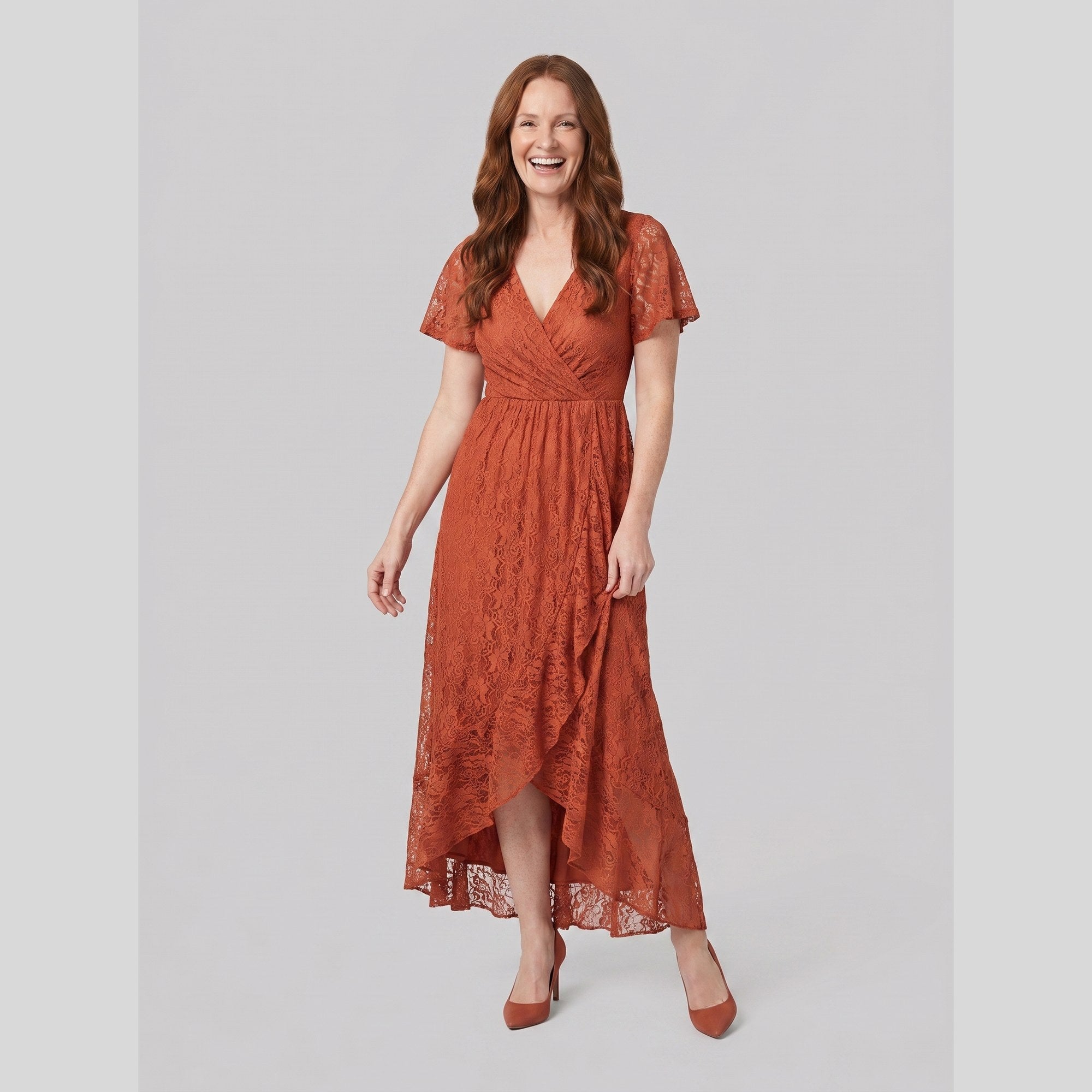 Lace gown with a pleated ruffle, V-neck and high-low hem, view 8