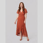 Lace gown with a pleated ruffle, V-neck and high-low hem, view 8