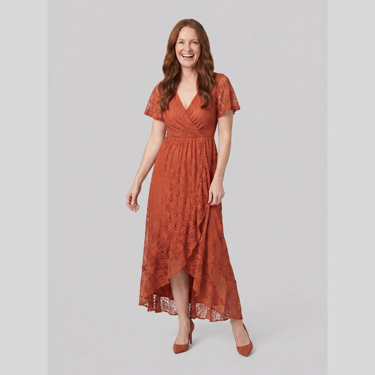 Lace gown with a pleated ruffle, V-neck and high-low hem, view 8