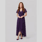 Lace gown with a pleated ruffle, V-neck and high-low hem, view 9
