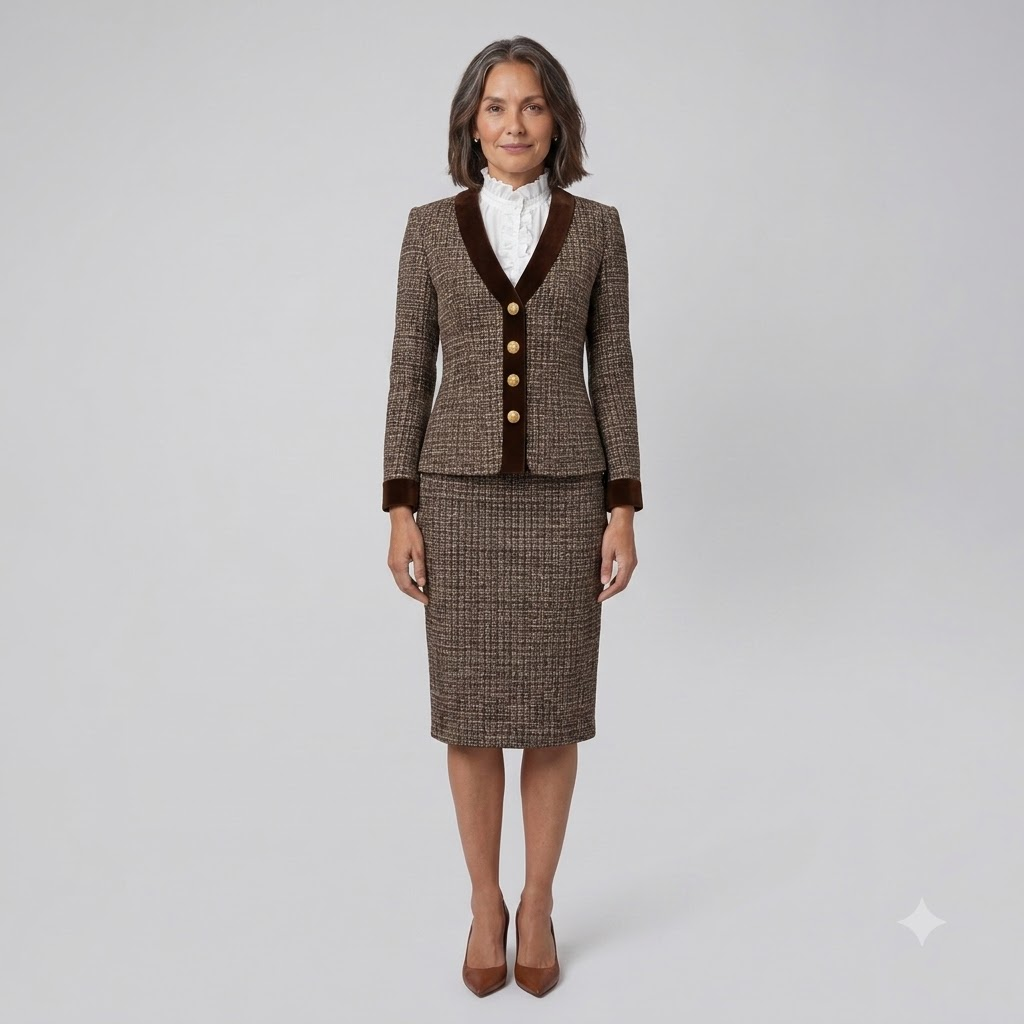 Brown tweed blazer and pencil skirt suit with velvet trim, view 1