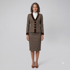 Brown tweed blazer and pencil skirt suit with velvet trim, view 1