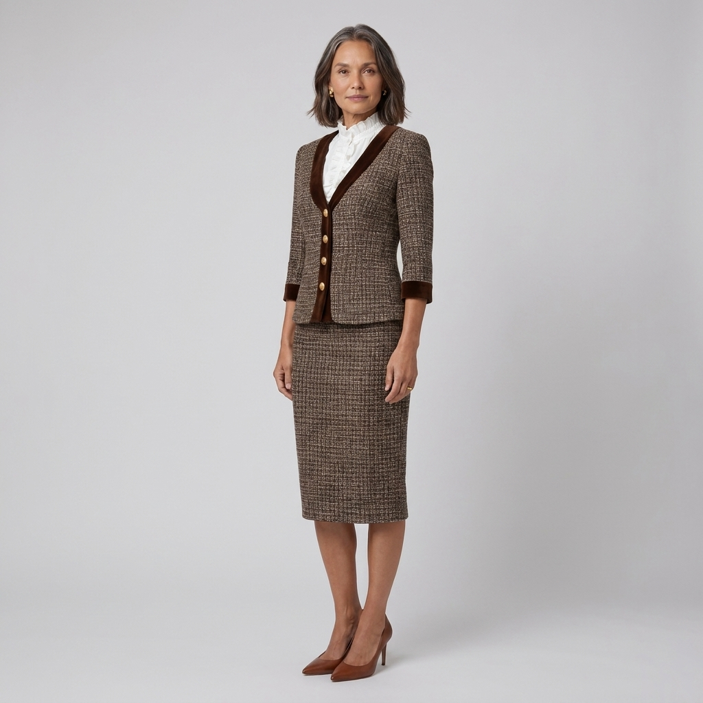 Brown tweed suit with a fitted blazer and matching pencil skirt, view 2