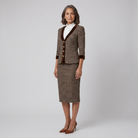 Brown tweed suit with a fitted blazer and matching pencil skirt, view 2