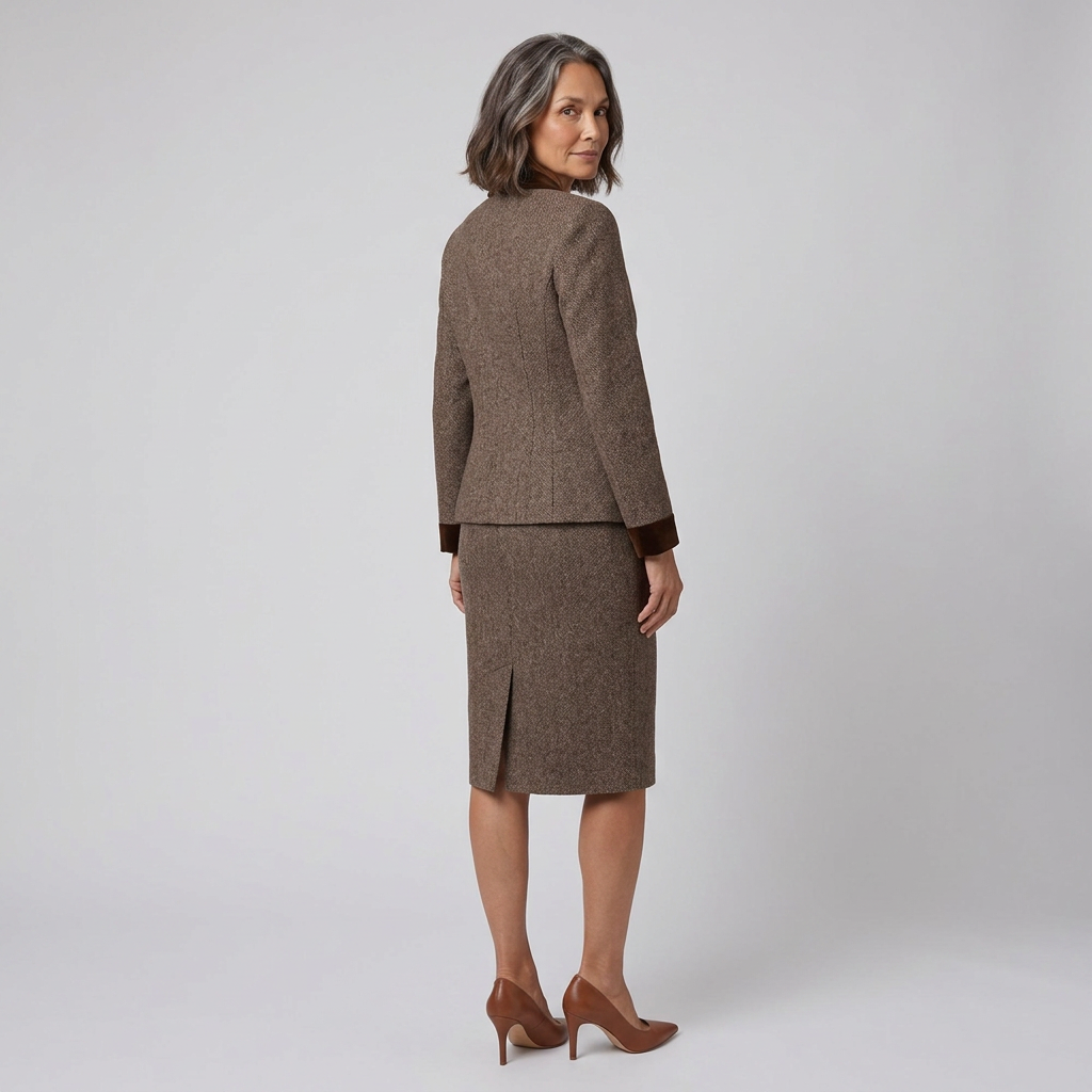 Velvet trim detail on the brown tweed blazer, view 3