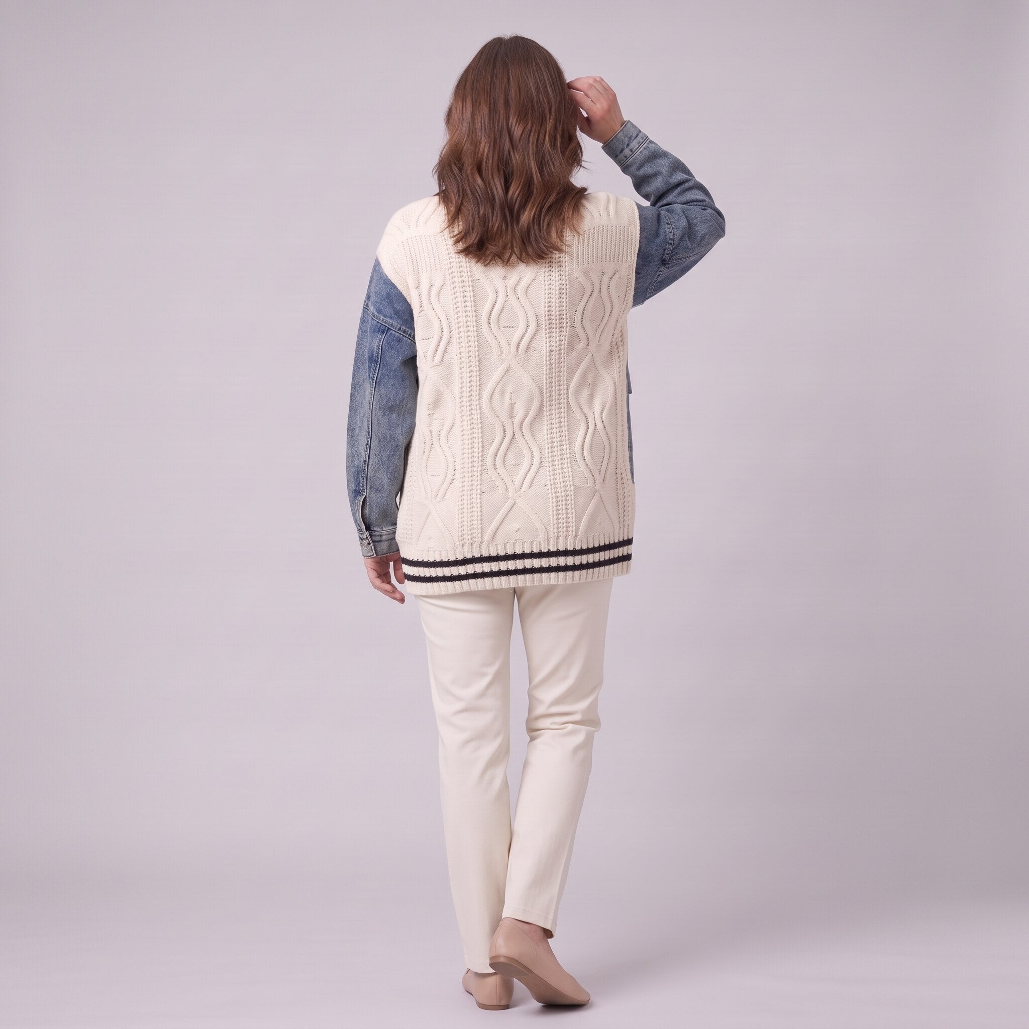 Tamsin denim sleeve cable knit cardigan in white, back view showing cable knit panel