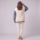 Tamsin denim sleeve cable knit cardigan in white, back view showing cable knit panel