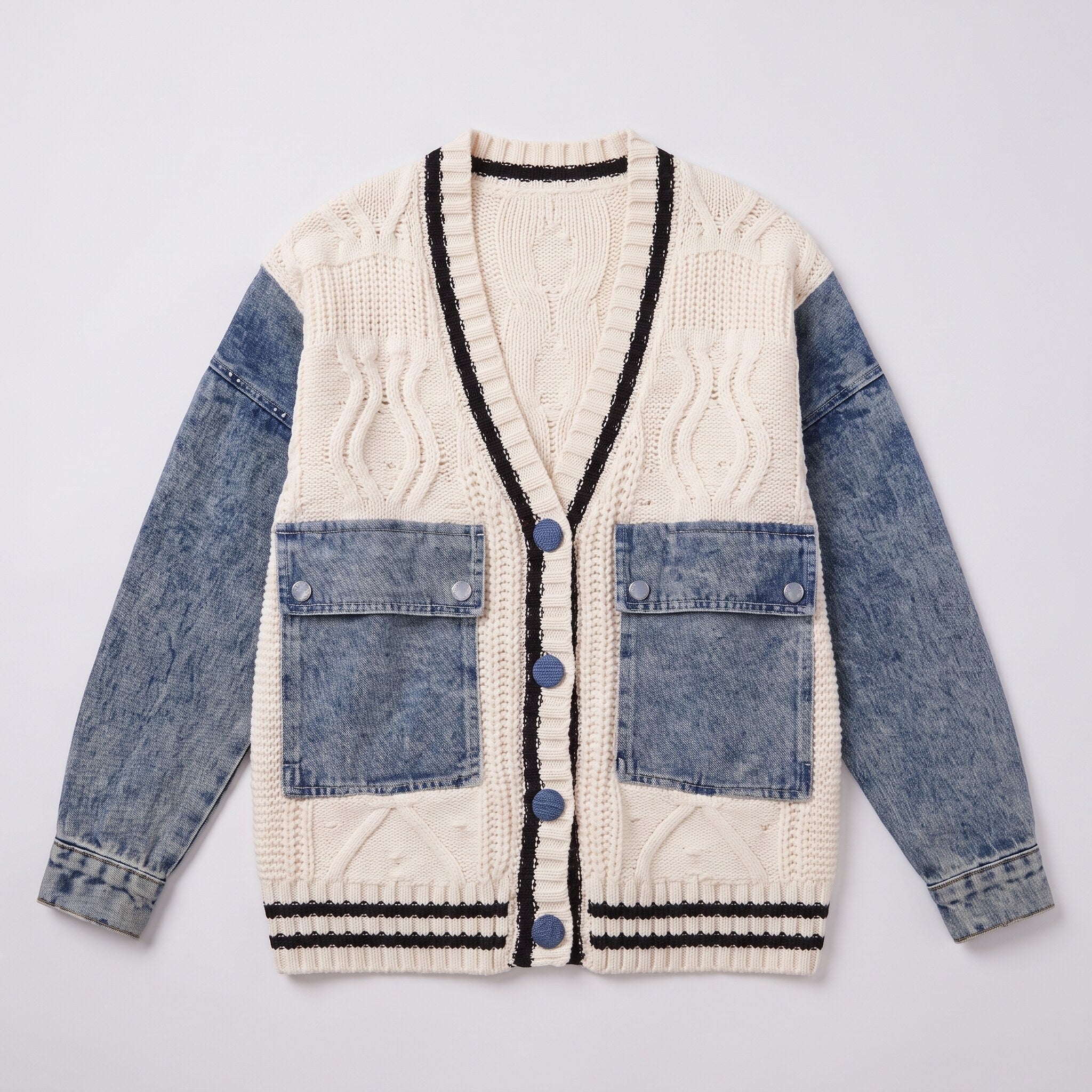 Tamsin denim sleeve cable knit cardigan in white, flat lay product shot