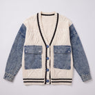 Tamsin denim sleeve cable knit cardigan in white, flat lay product shot