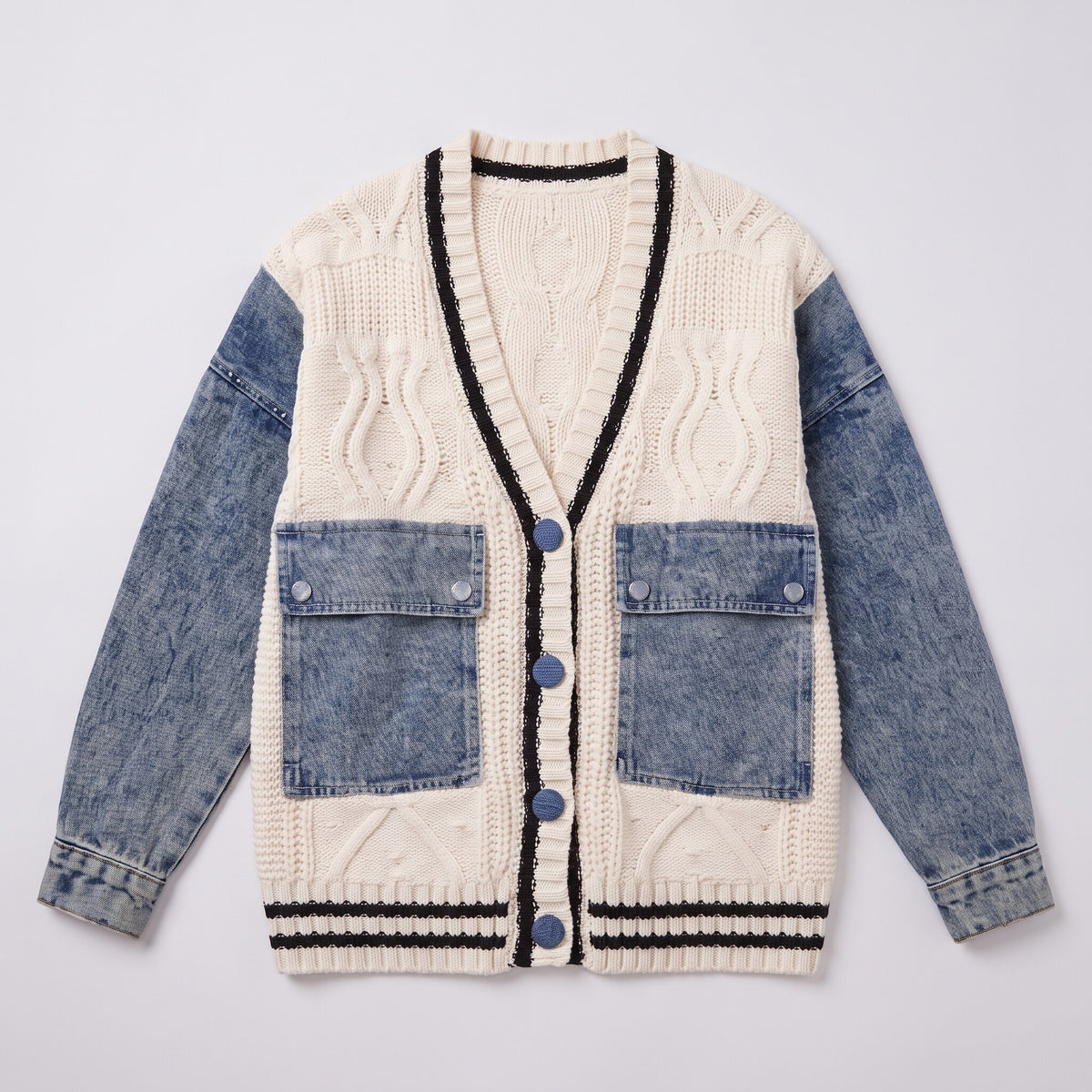 Tamsin denim sleeve cable knit cardigan in white, flat lay product shot