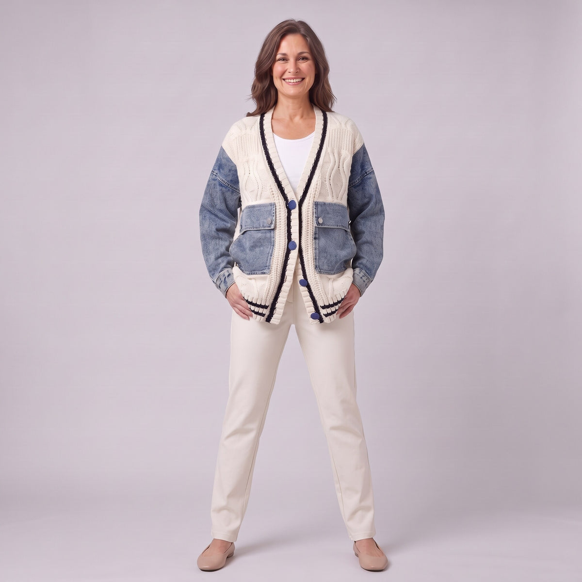 Tamsin denim sleeve cable knit cardigan in white, full length front view on model
