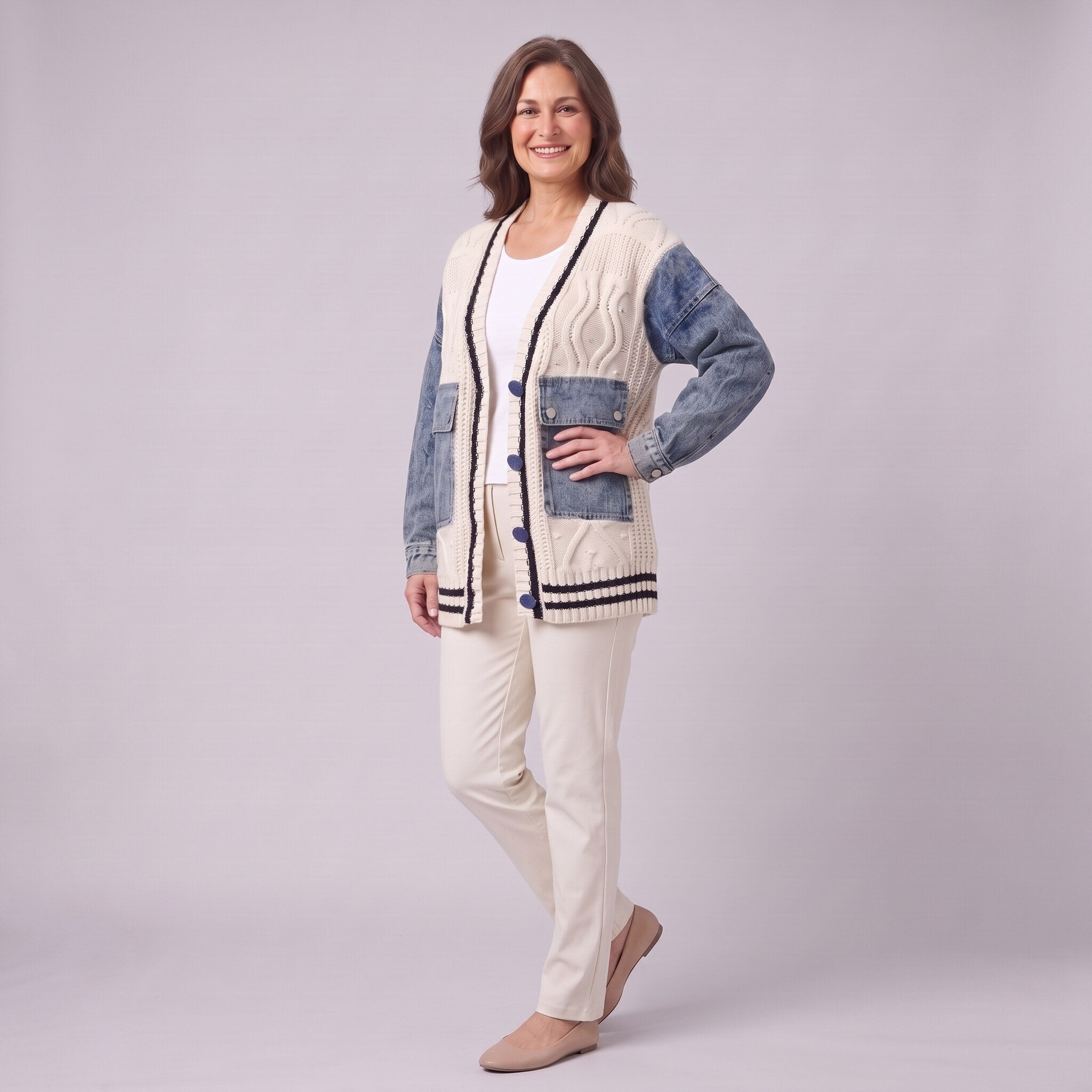 Tamsin denim sleeve cable knit cardigan in white, three quarter view showing denim patch pockets