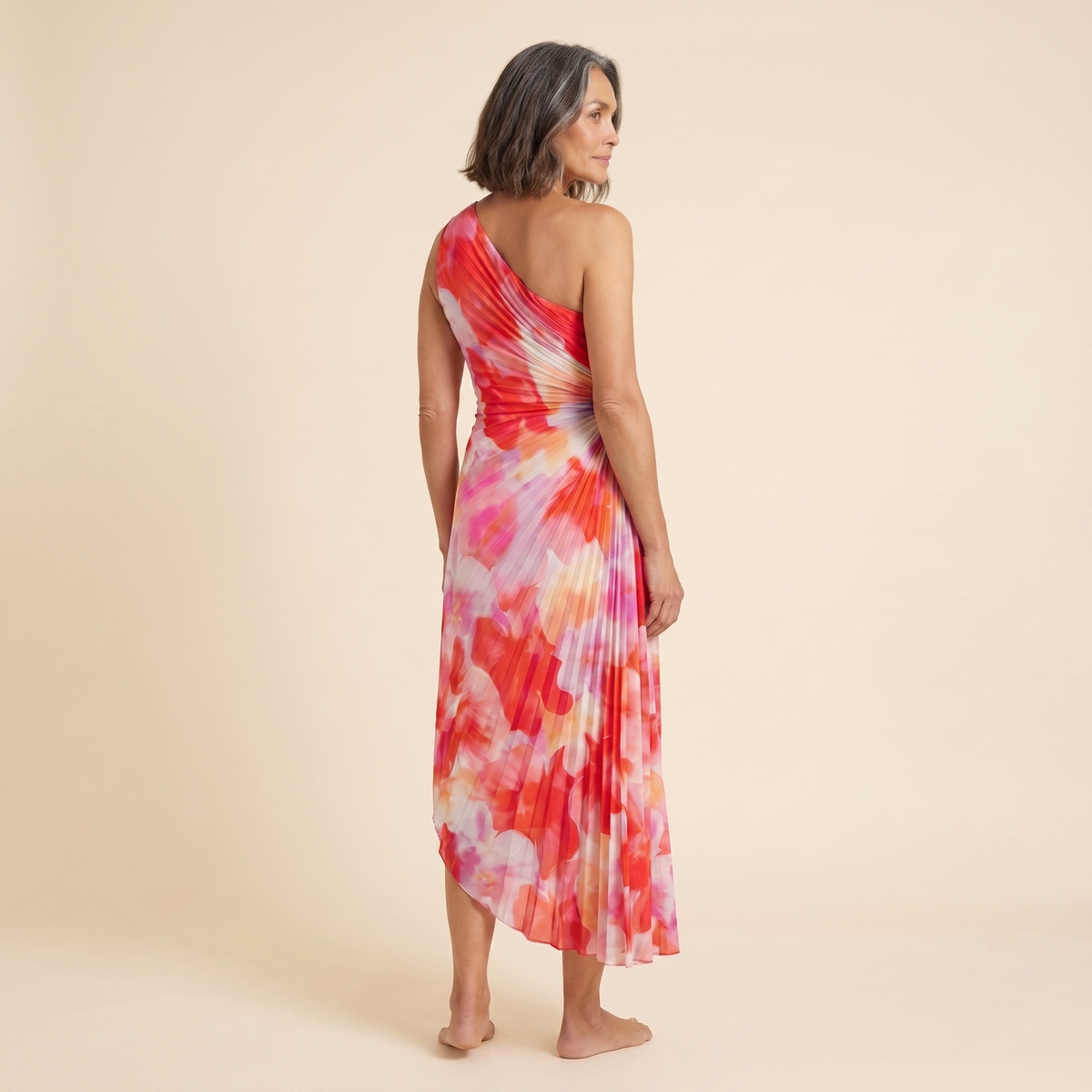 Floral one-shoulder midi dress, back view