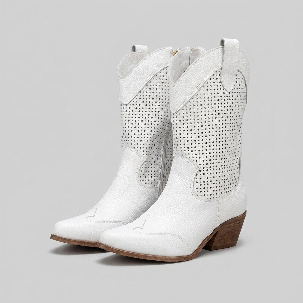 Mid-calf cowboy boots with a side zip, view 1