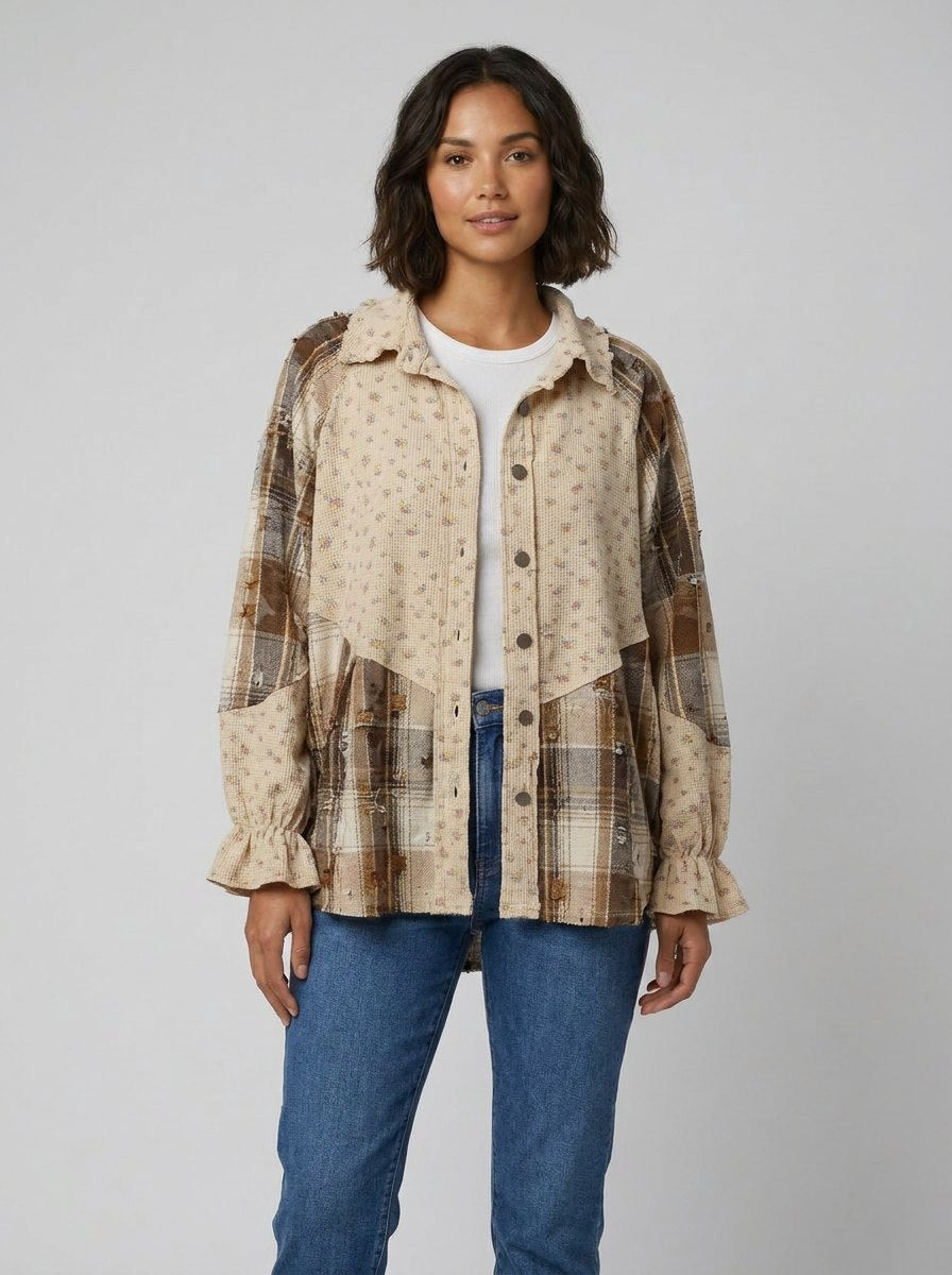 Oatmeal patchwork shacket in plaid and floral panels with ruffle trim, view 1