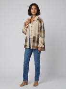 Oatmeal patchwork shacket in plaid and floral panels with ruffle trim, view 2