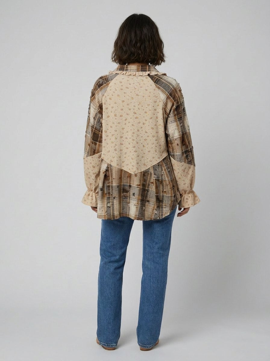 Oatmeal patchwork shacket in plaid and floral panels with ruffle trim, view 3
