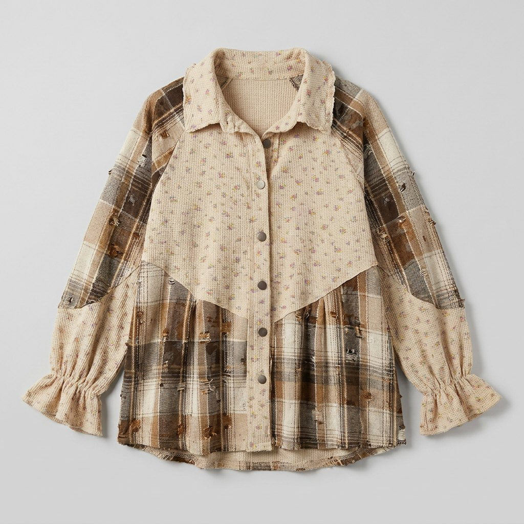 Oatmeal patchwork shacket in plaid and floral panels with ruffle trim, view 4