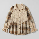Oatmeal patchwork shacket in plaid and floral panels with ruffle trim, view 4