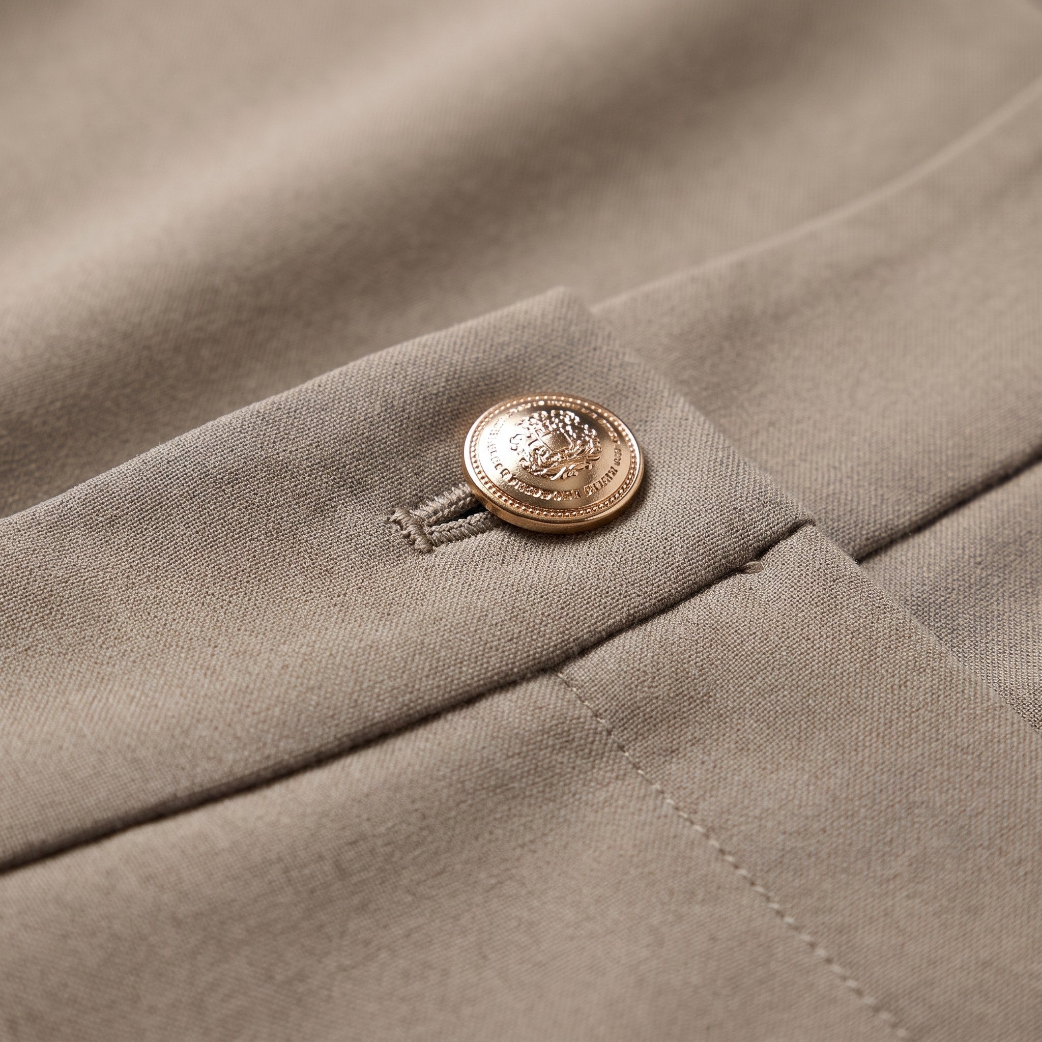 Valdis pleated wide leg trousers detail, gold button and smooth suiting fabric close-up