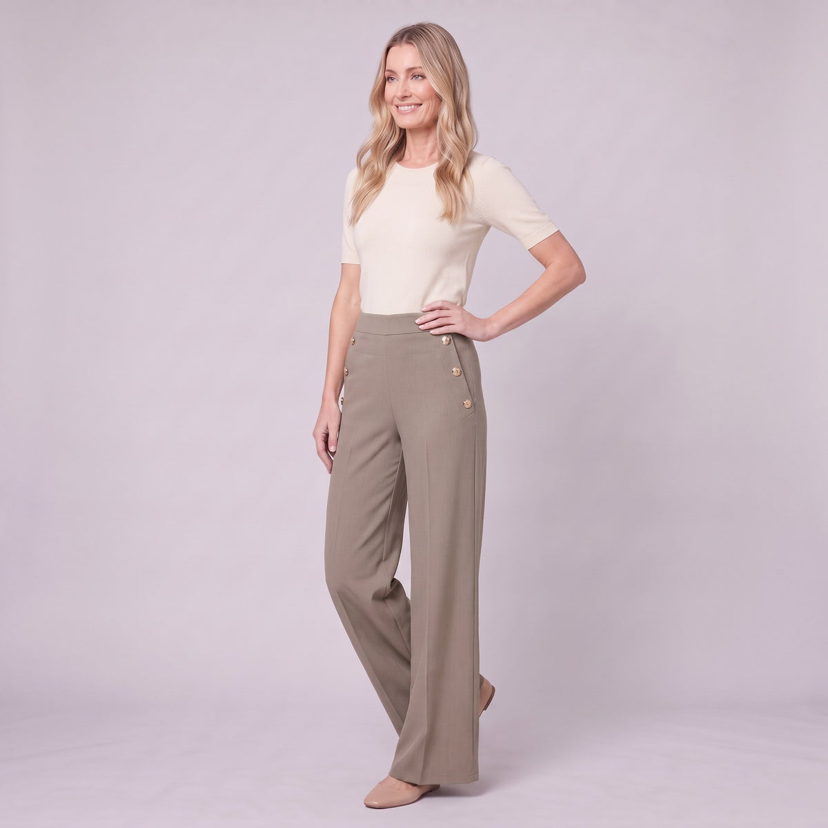 Valdis pleated wide leg trousers in taupe khaki, three-quarter view showing gold button detail