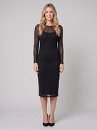 Black bodycon midi dress with a sheer mesh yoke and long sleeves, view 1