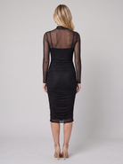 Black bodycon midi dress with a sheer mesh yoke and long sleeves, view 3