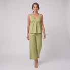 Vera sage green lace-trimmed loungewear set walking
