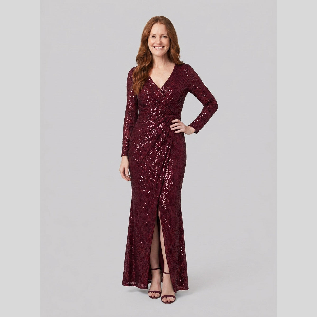 Sequin evening gown with a thigh-high slit, view 1
