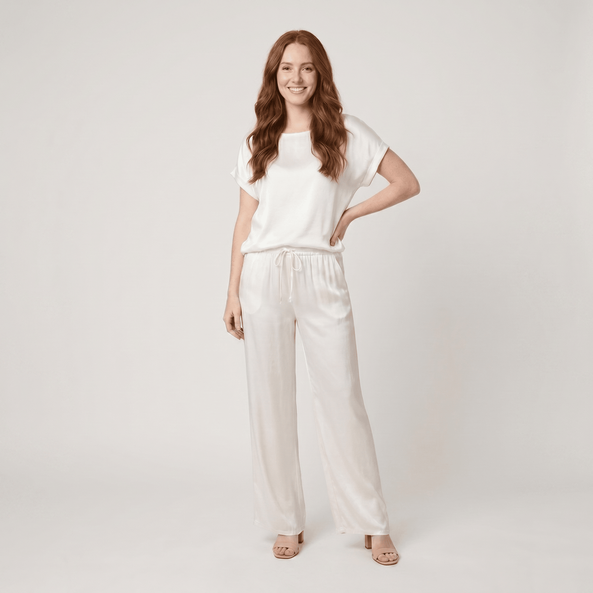 Satin co-ord with a boxy top and wide-leg trousers, view 2