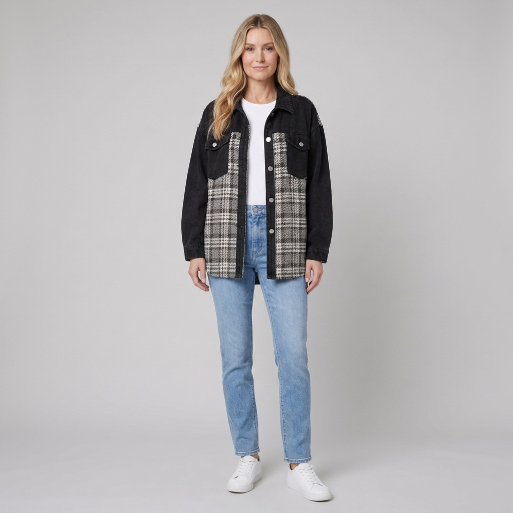 Denim jacket with checked panel detail and a button front, view 1