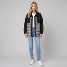 Denim jacket with checked panel detail and a button front, view 1