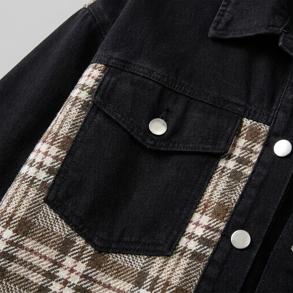 Long sleeve denim jacket with checked panels, view 5