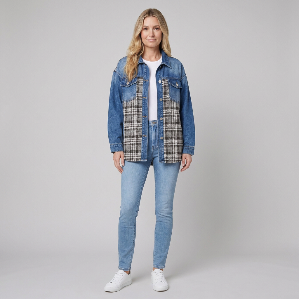 Denim jacket with checked panel detail, view 6