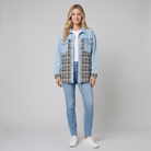 Denim jacket with a button front and checked detail, view 9