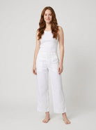 White wide-leg linen-blend trousers with a flat contour waistband, view 1