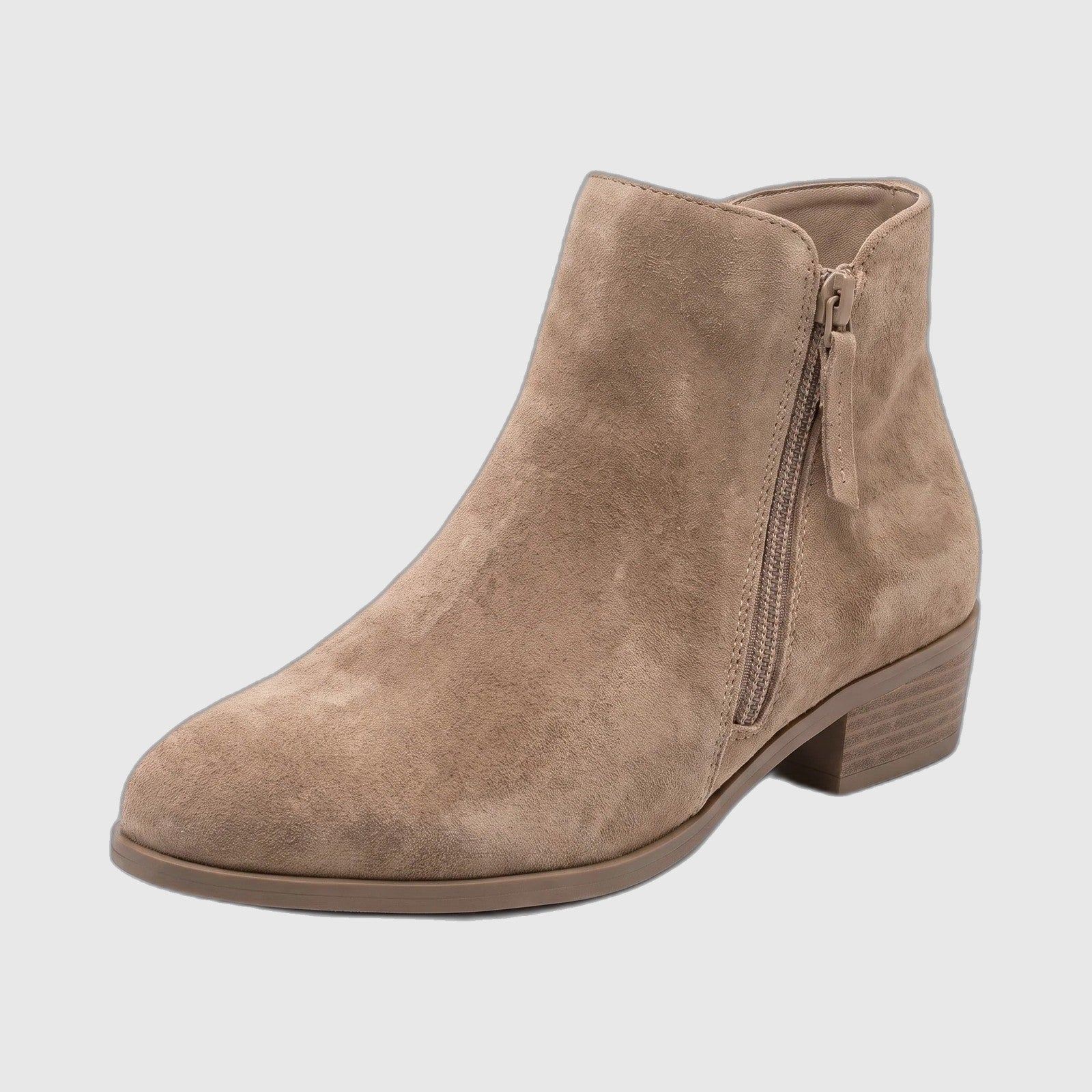 Women's wide fit ankle boot in beige suede-touch with side zip and low block heel