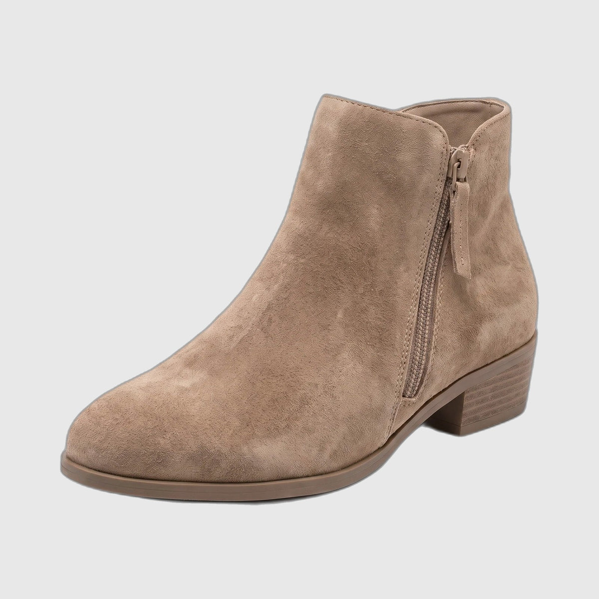 Women's wide fit ankle boot in beige suede-touch with side zip and low block heel