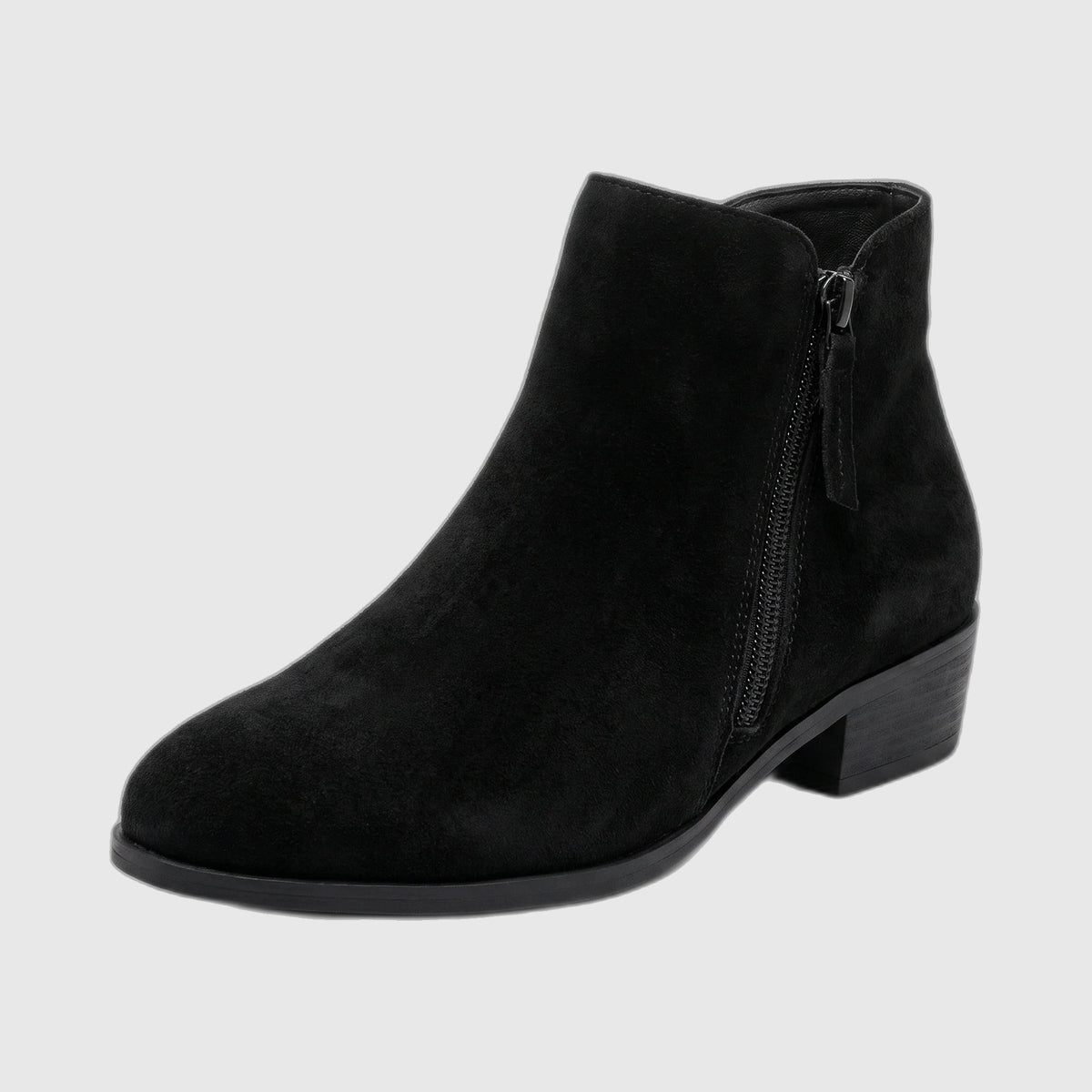 Women's wide fit ankle boot in black suede-touch with side zip and low block heel