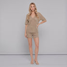 Wina Women's Set in khaki — lightweight hollow-knit V-neck top and shorts two-piece set