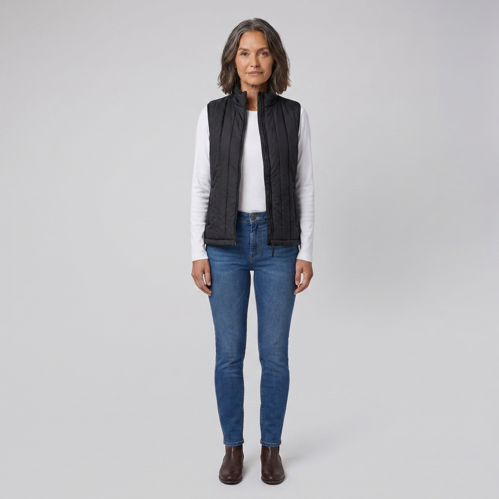 Lightweight sleeveless heated gilet with adjustable temperature settings, view 1