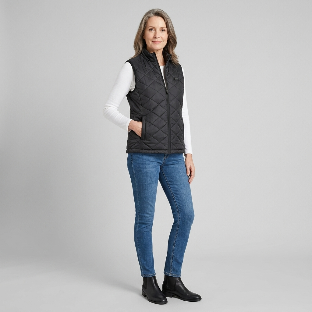 Sleeveless heated gilet with a zip front, view 2