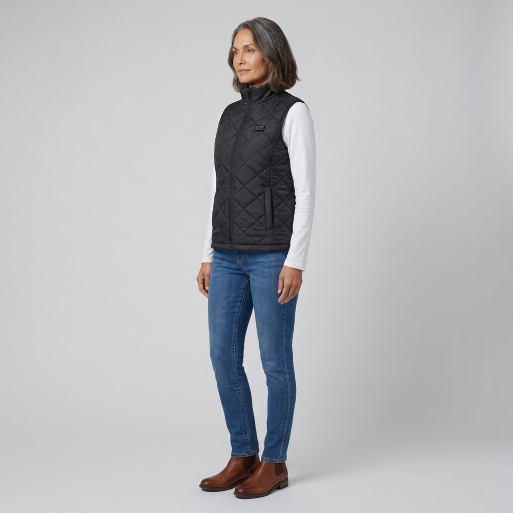 Heated gilet showing the temperature control button, view 3