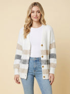 Striped cardigan in brushed knit with gold buttons, view 1
