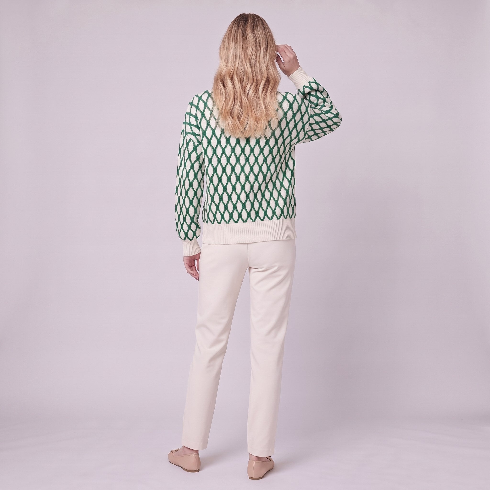 Zinnia lattice knit sweater in emerald green, back view showing the lattice pattern