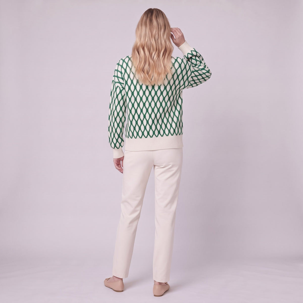 Zinnia lattice knit sweater in emerald green, back view showing the lattice pattern