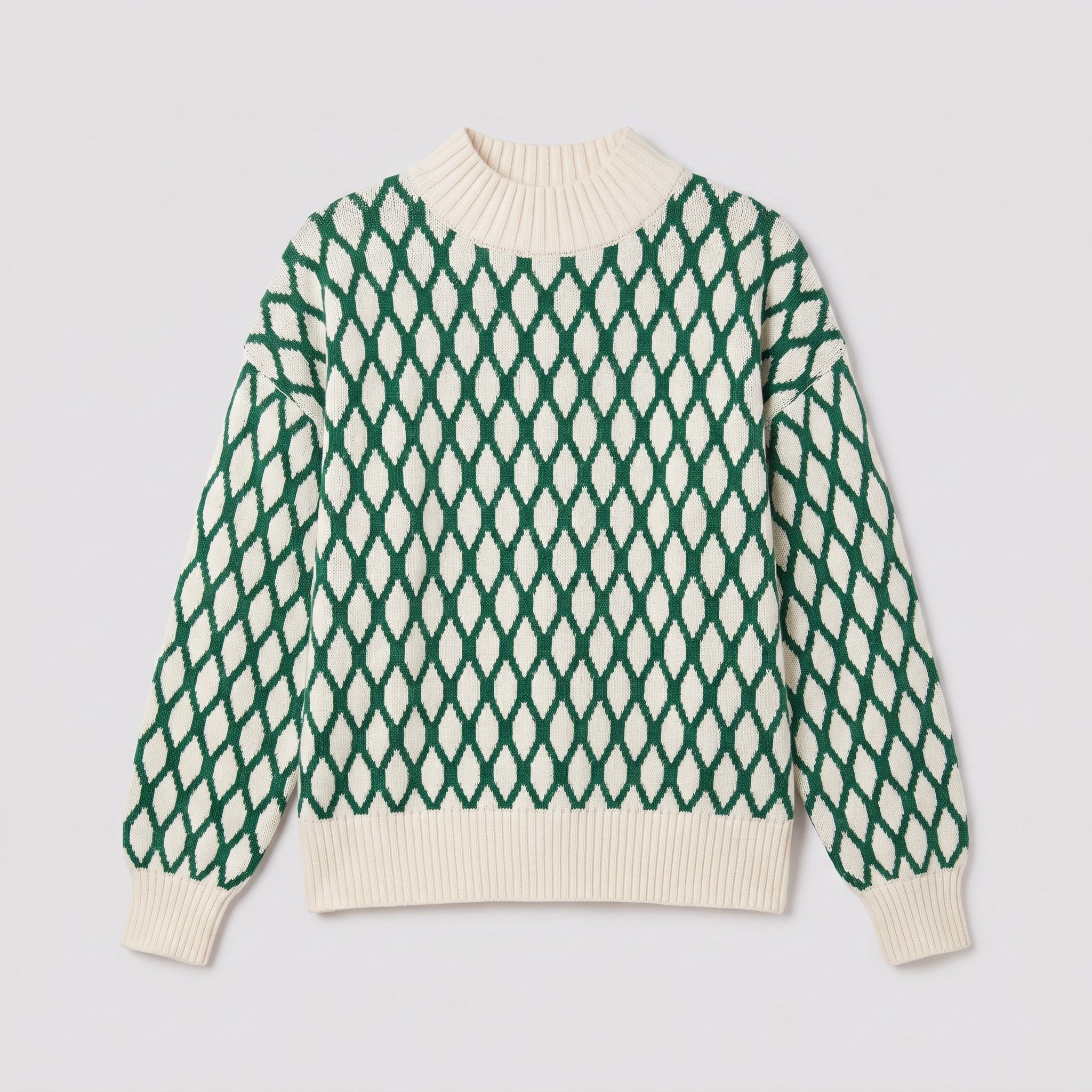 Zinnia lattice knit sweater in emerald green, flat lay of the mock neck sweater