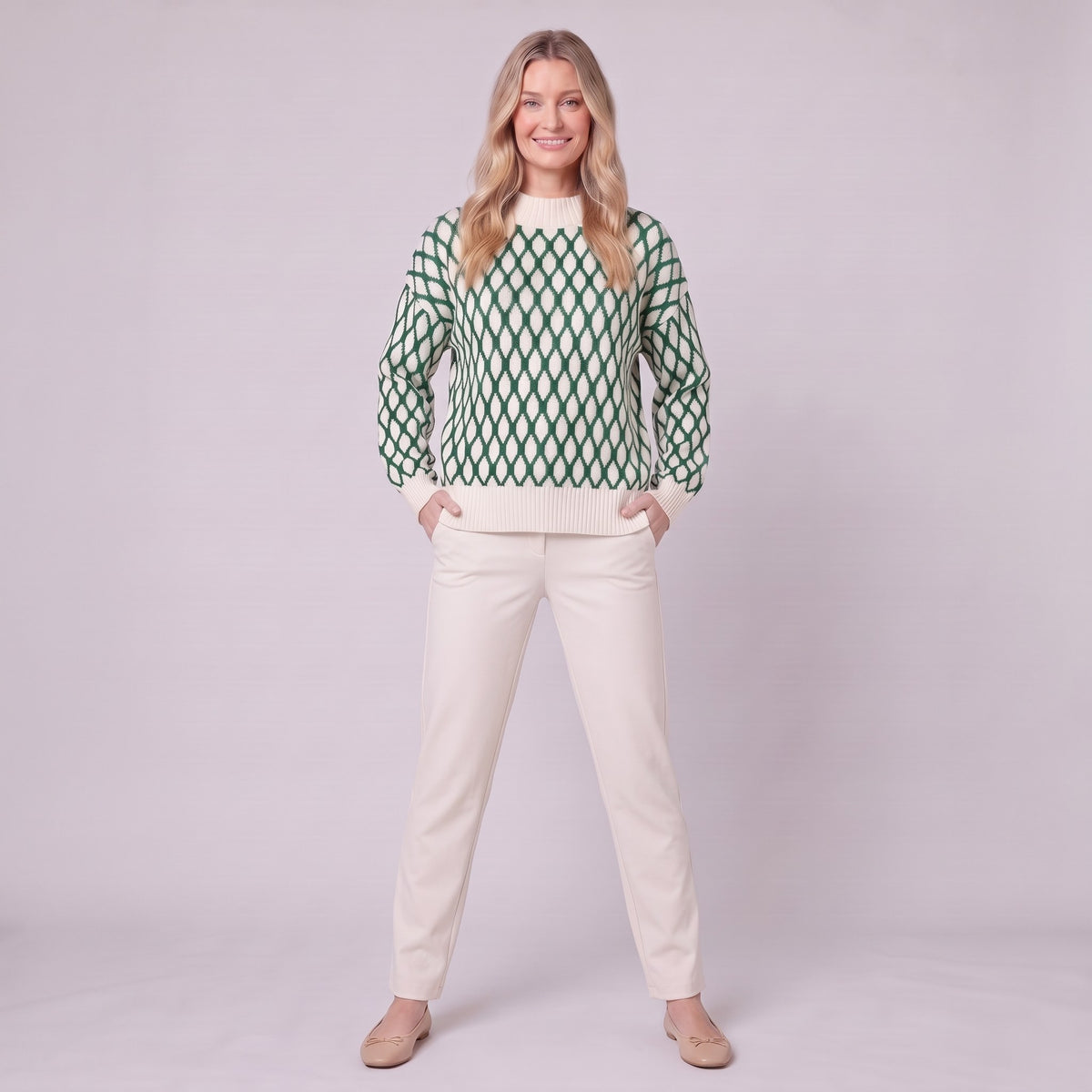 Zinnia lattice knit sweater in emerald green, full front view showing the oversized fit